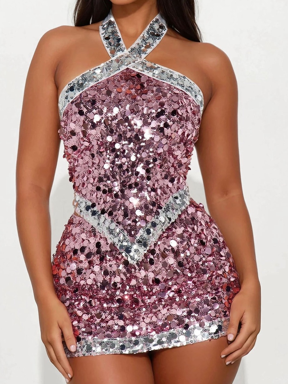 Sequin Halter skirt set in pink & silver